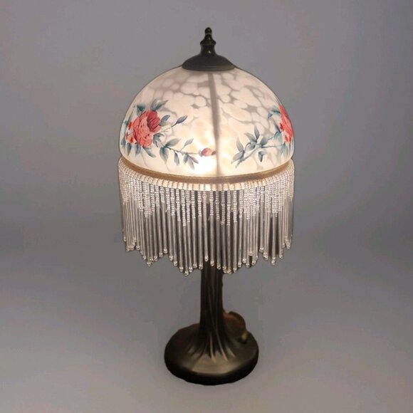 Vintage Shabby Chic Cottage  18" Boudoir Lamp Rose Floral  Beaded Frosted Shade - Picture 4 of 5